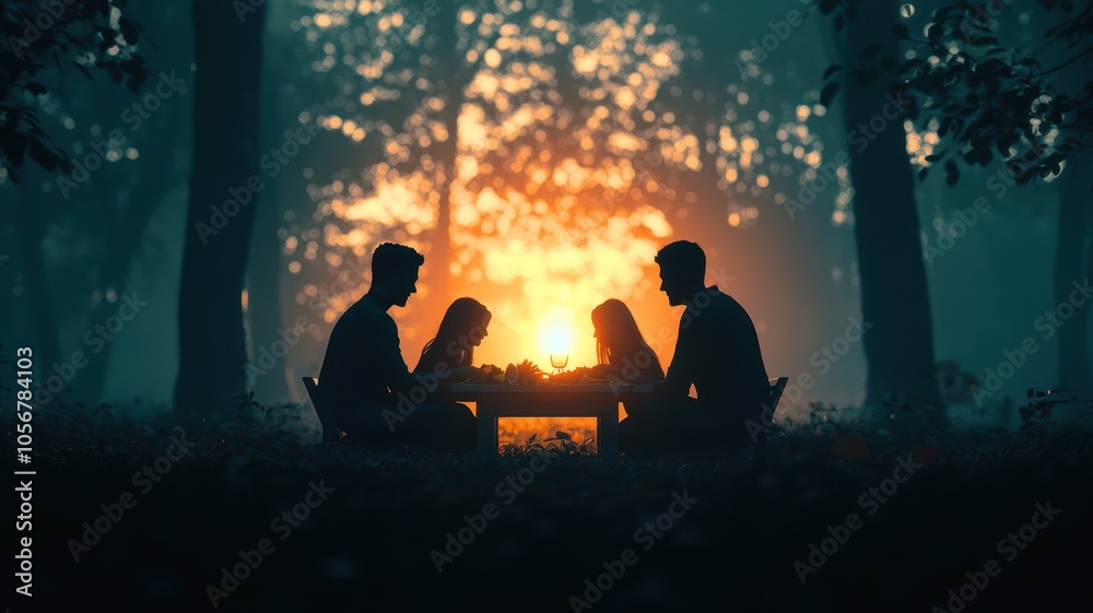 A serene sunset scene featuring four silhouettes gathered around a table in a forest, creating a peaceful and intimate atmosphere. A serene sunset scene featuring four silhouettes gathered around a table in a forest, creating a peaceful and intimate atmosphere.