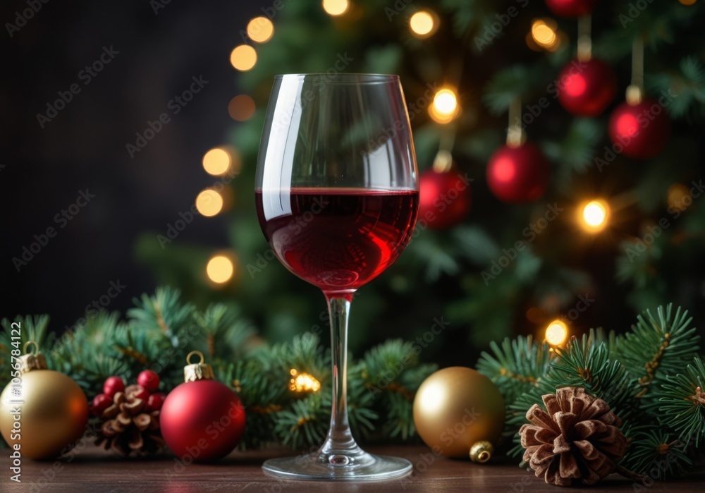 Glass of wine against the background of a Christmas tree, Wine is poured from a bottle into a glass against the backdrop of Christmas decorations on the table. Glass of wine against the background of a Christmas tree, Wine is poured from a bottle into a glass against the backdrop of Christmas decorations on the table.