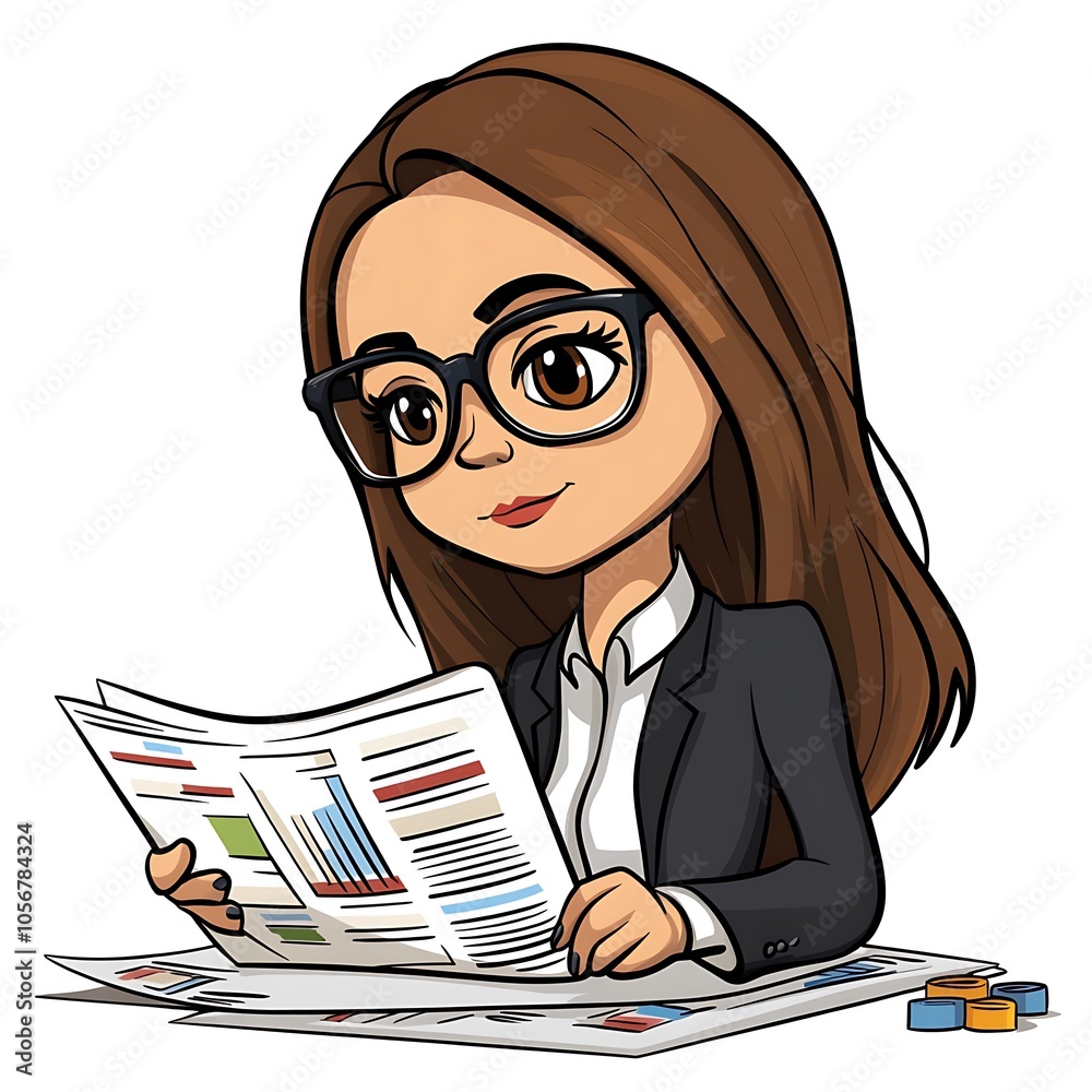Cartoon business woman analyzing a financial report with glasses on a white background.