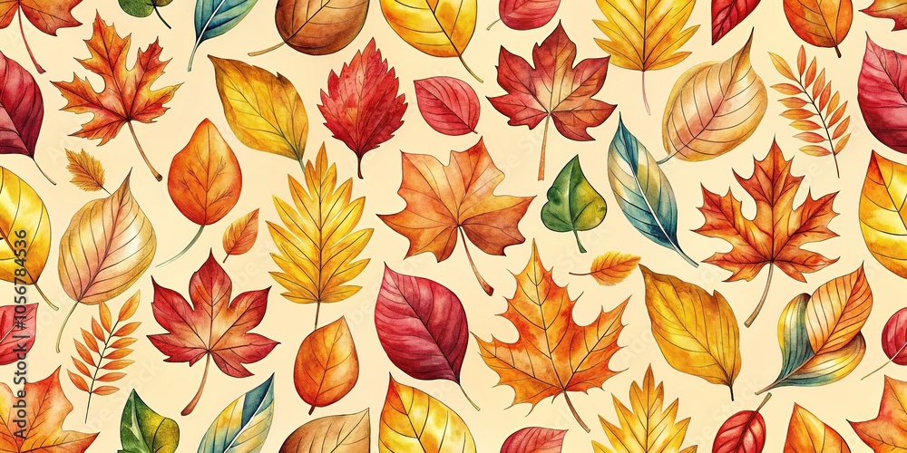 Obraz premium Watercolor autumn leaves dance in a seamless pattern, a warm fall backdrop.