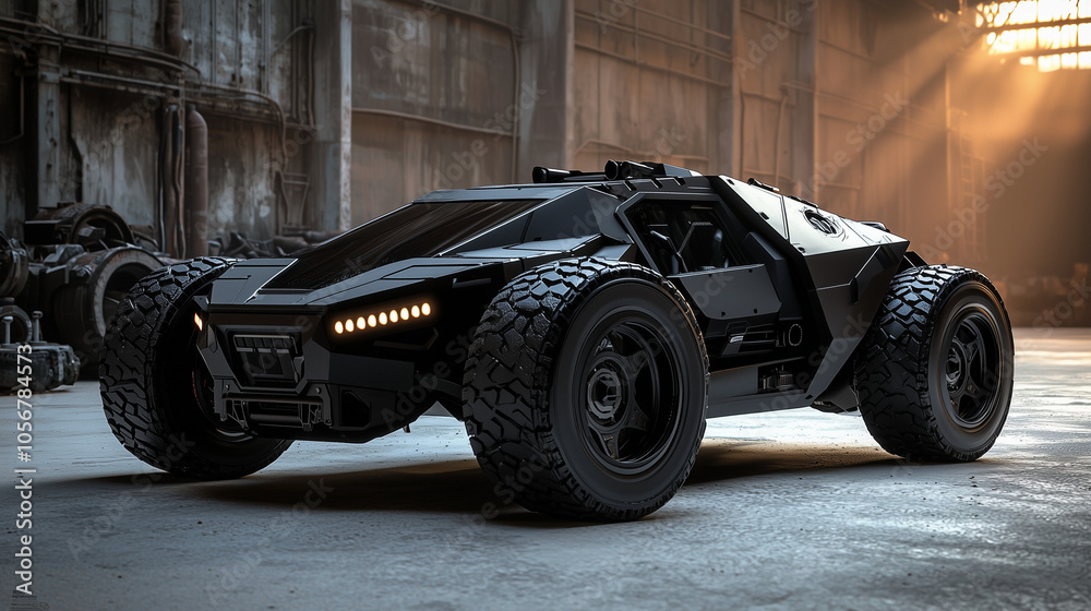 Black armored car in an abandoned warehouse with moody lighting, highlighting rugged design Black armored car in an abandoned warehouse with moody lighting, highlighting rugged design