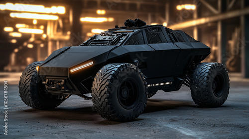 Matte black armored vehicle with rugged tires in a futuristic industrial warehouse