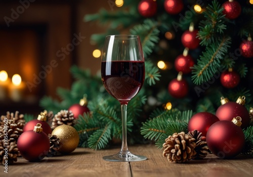 Glass of wine against the background of a Christmas tree, Wine is poured from a bottle into a glass against the backdrop of Christmas decorations on the table.