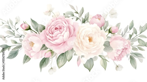 Watercolor Floral Bouquet with Pink Roses and Peonies, Green Leaves, Eucalyptus, and Baby's Breath, Isolated on White Background, Ideal Clipart for Wedding Flower Designs and Digital Junk Journal