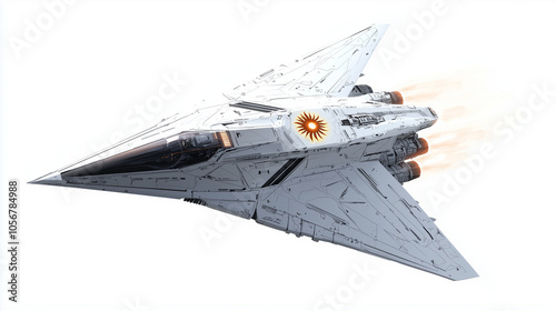 A sleek, futuristic space fighter jet with triangular design, engines ablaze, isolated on a white background photo