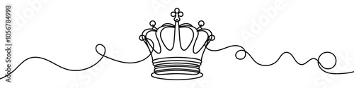 Elegant and minimalist one line art depicting a majestic crown, symbolizing royalty, power and leadership