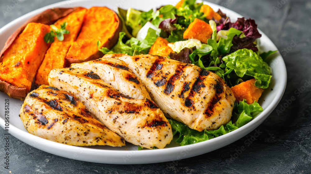 Grilled chicken breast served with sweet potatoes and fresh garden salad on a white plate, presented on a dark stone background. Grilled chicken breast served with sweet potatoes and fresh garden salad on a white plate, presented on a dark stone background.