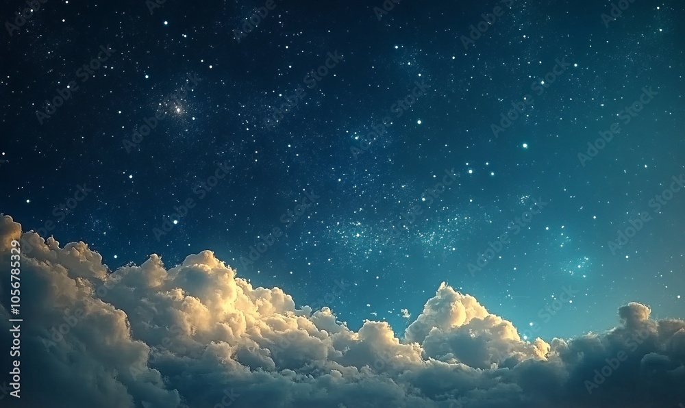 A serene starry night sky depiction, with delicate cloud formations hinting at the vastness of the universe A serene starry night sky depiction, with delicate cloud formations hinting at the vastness of the universe