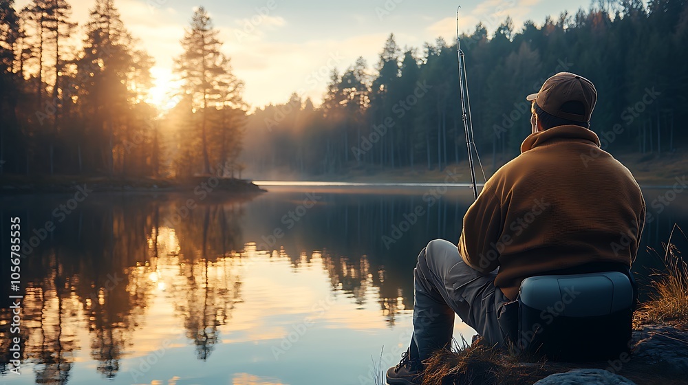 Closeup shot of a young man wearing casual outdoors clothing, sitting on the edge of a serene lake with a fishing rod in hand Closeup shot of a young man wearing casual outdoors clothing, sitting on the edge of a serene lake with a fishing rod in hand
