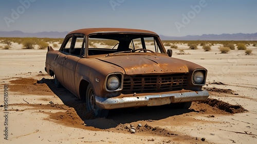 Rusted Car Abandoned in Desert,