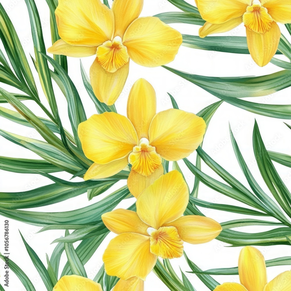 Obraz premium Watercolor Yellow Orchids and Tropical Leaves