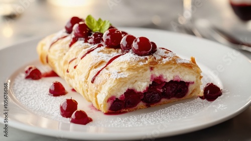 Cherry Puff Pastry Slice on Black Plate with Powdered Sugar