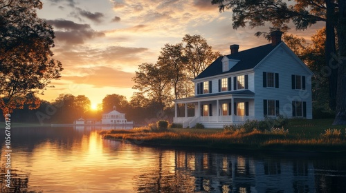 A house with a porch sits on a lake at sunset