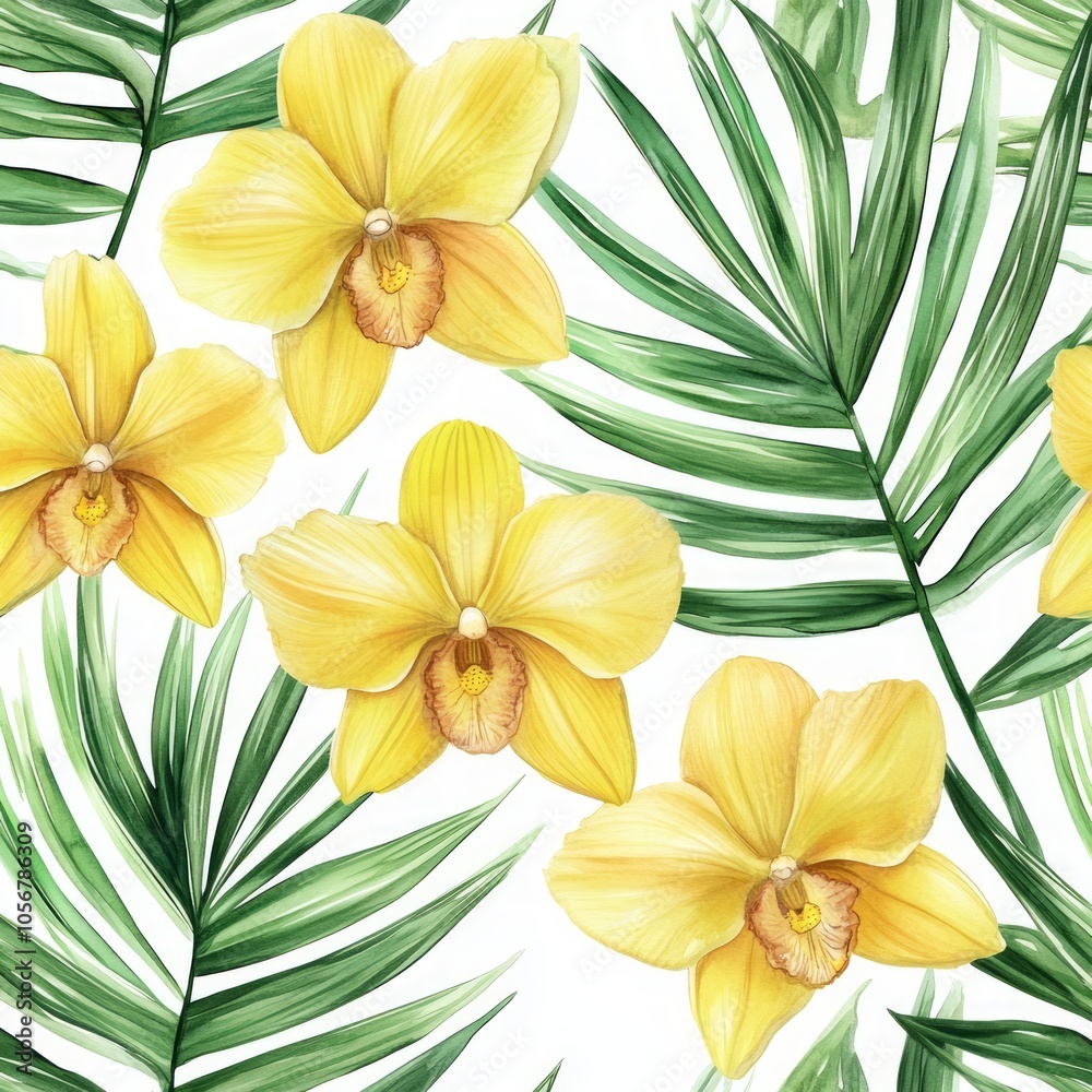 Obraz premium Vibrant Yellow Orchids and Palm Leaves