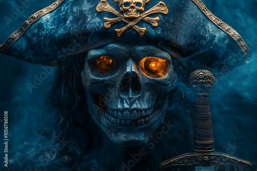 Human skull in pirate hat with dagger on dark background. PIracy.