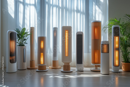 Various types of air heaters on floor of store background..