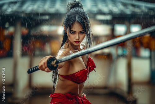 Beautiful Asian girl  in red clothing holding katana in hand on a empty street background.