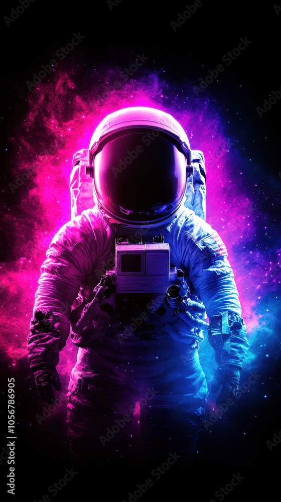 Astronaut in vibrant cosmic background, showcasing blend of pink and blue hues, representing vastness of space and spirit of exploration Astronaut in vibrant cosmic background, showcasing blend of pink and blue hues, representing vastness of space and spirit of exploration