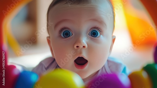 Adorable baby boy with blue eyes showing amazement while playing with colorful toys.