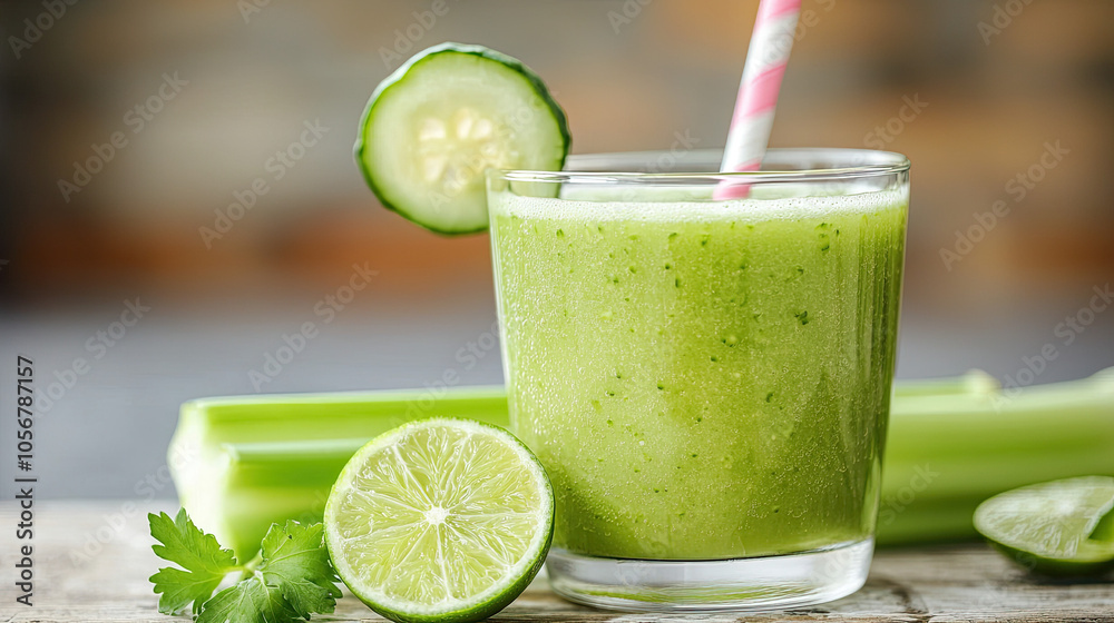 Refreshing green smoothie with cucumber, celery, and lime in a glass. Perfect for a healthy lifestyle or detoxing.
