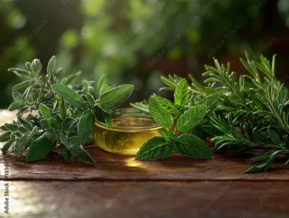 Natural Herbal Extracts Fresh Herbs and Botanical Oils on Rustic Wooden Table, Aromatic Essence for Wellbeing Natural Herbal Extracts Fresh Herbs and Botanical Oils on Rustic Wooden Table, Aromatic Essence for Wellbeing