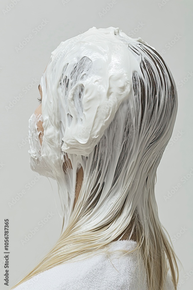 A woman with long hair, her head covered in white shampoo foam and cream hair mask, viewed from the back, against a white background, captured in high,generative ai A woman with long hair, her head covered in white shampoo foam and cream hair mask, viewed from the back, against a white background, captured in high,generative ai