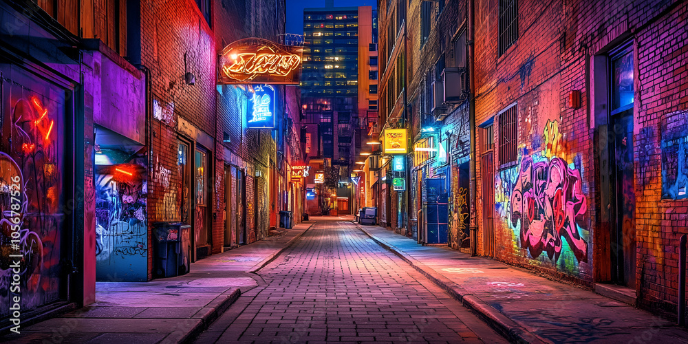 Fototapeta premium Colorful Neon Graffiti Alleyway at Night