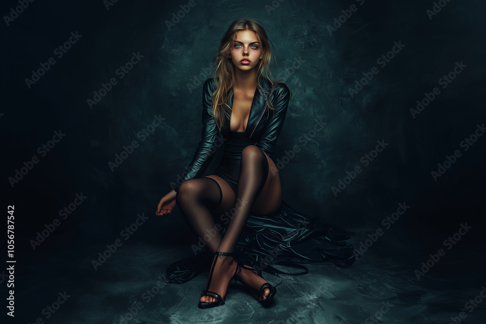 Fototapeta premium Girl in black leather outfit and black tights stockings posing on dark background.. Beauty and fashion.