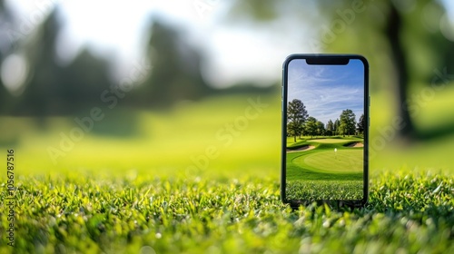 A digital mockup of a golf flyer on a smartphone screen, showcasing a local event. photo