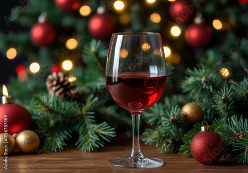 Glass of wine against the background of a Christmas tree, Wine is poured from a bottle into a glass against the backdrop of Christmas decorations on the table.