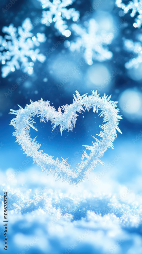 Naklejka premium heart shape made of frost and snowflakes on blue background, evoking winter wonderland feeling. Perfect for seasonal themes