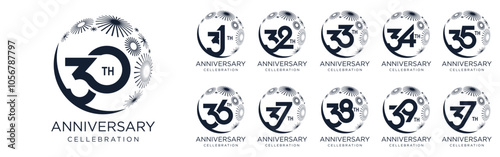 set of 30 to 39th anniversary logotype design, with black color fireworks for celebration event, wedding, and birthday, vector illustration