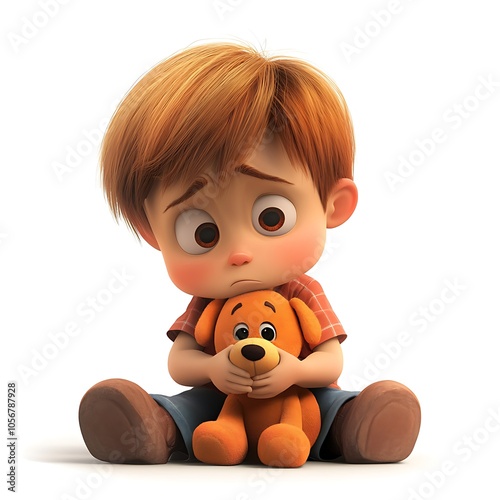 Cartoon child feeling sad after losing a toy on a white background. photo