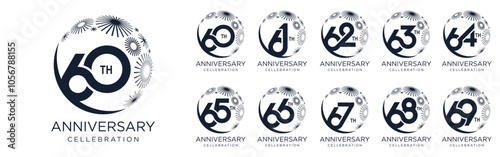 set of 60 to 69th anniversary logotype design, with black color fireworks for celebration event, wedding, and birthday, vector illustration