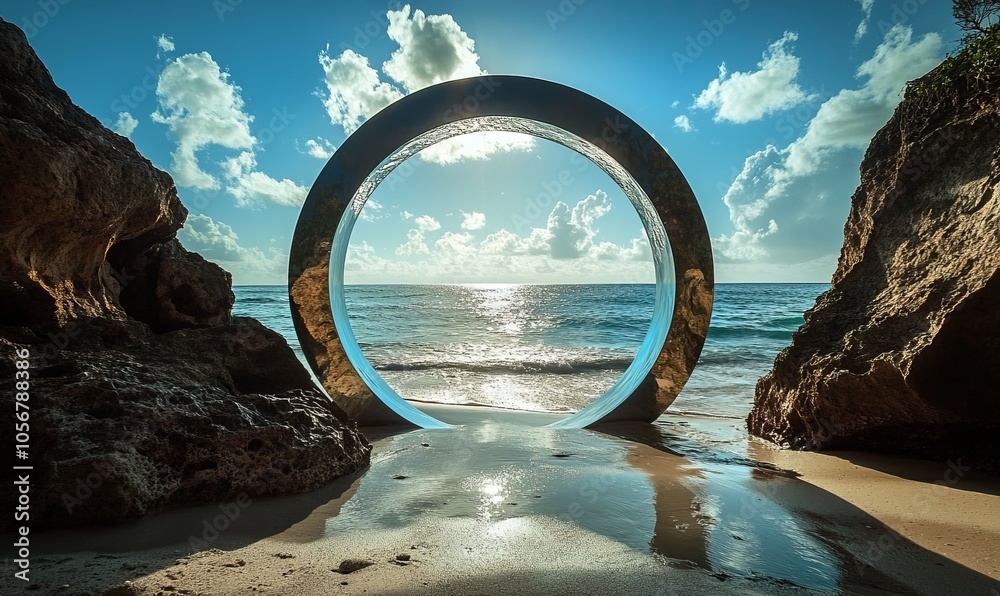 Fototapeta premium A captivating circular frame overlooking a shimmering beach, capturing the essence of nature's beauty and tranquility