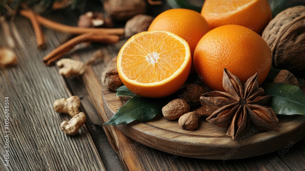 Autumn Setting Featuring Sweetened Oranges Nuts and Spices Autumn Setting Featuring Sweetened Oranges Nuts and Spices