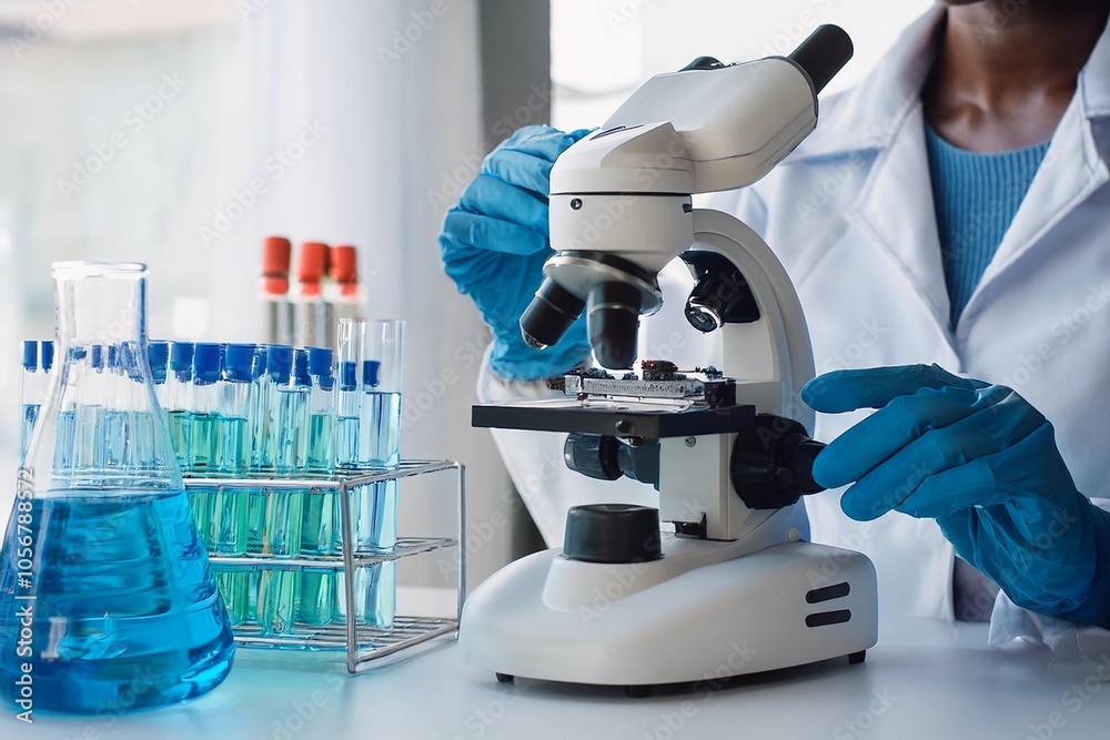 Science laboratory chemistry test science lab with microscope, glass tubes, chemical beaker white table scientific background. Colorful Liquid biology laboratory chemical fluid scientist experiment Science laboratory chemistry test science lab with microscope, glass tubes, chemical beaker white table scientific background. Colorful Liquid biology laboratory chemical fluid scientist experiment