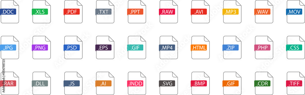 List of Document File Types and Extensions. Set of pdf, doc, jpg, xls ...