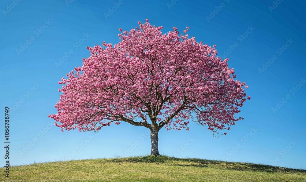 A stunning pink flowering tree stands alone against a clear blue sky, symbolizing beauty and tranquility in nature A stunning pink flowering tree stands alone against a clear blue sky, symbolizing beauty and tranquility in nature
