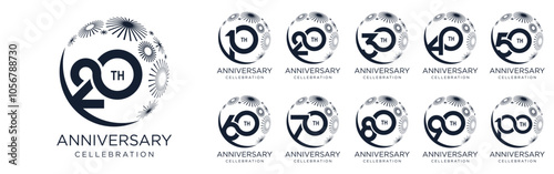set of 10 to 100th anniversary logotype design, with black color fireworks for celebration event, wedding, and birthday, vector illustration