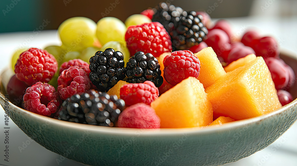 A vibrant assortment of fresh fruits including melons, berries, and grapes served in a decorative bowl, perfect for healthy eating.