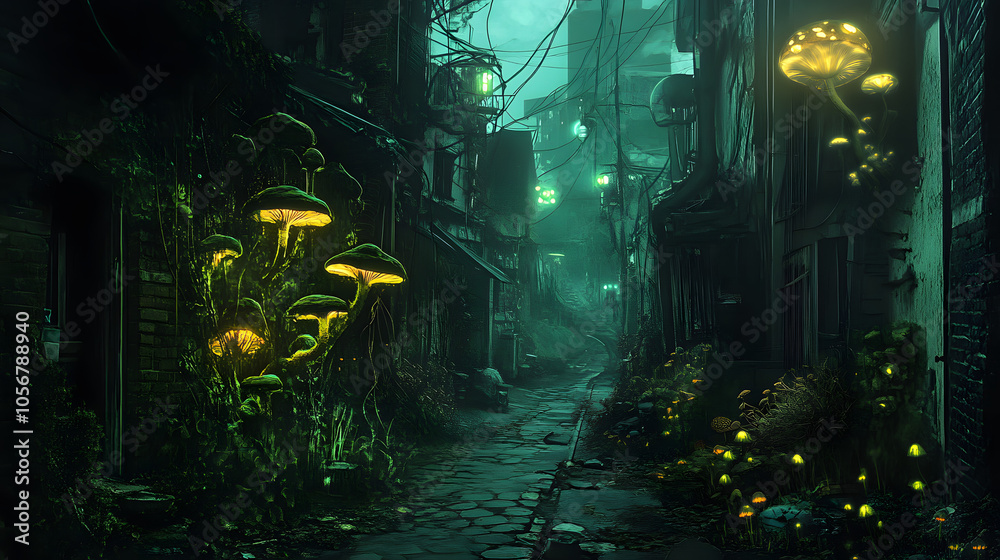 A dark alley filled with strange, toxic flora and glowing mushrooms. A dark alley filled with strange, toxic flora and glowing mushrooms.
