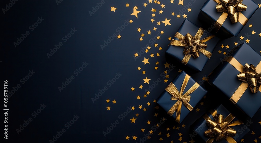 The background is dark blue, with many small golden stars scattered across it and several large gift boxes wrapped in gold ribbon placed next to them. The background is dark blue, with many small golden stars scattered across it and several large gift boxes wrapped in gold ribbon placed next to them.
