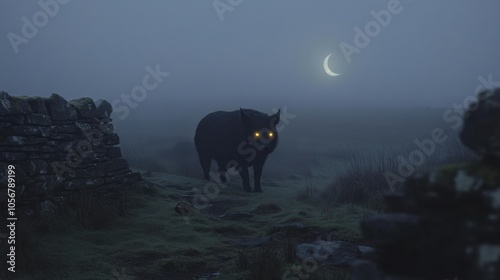 Calan Gaeaf. Black Spectral Pig with Glowing Eyes in Foggy Landscape photo