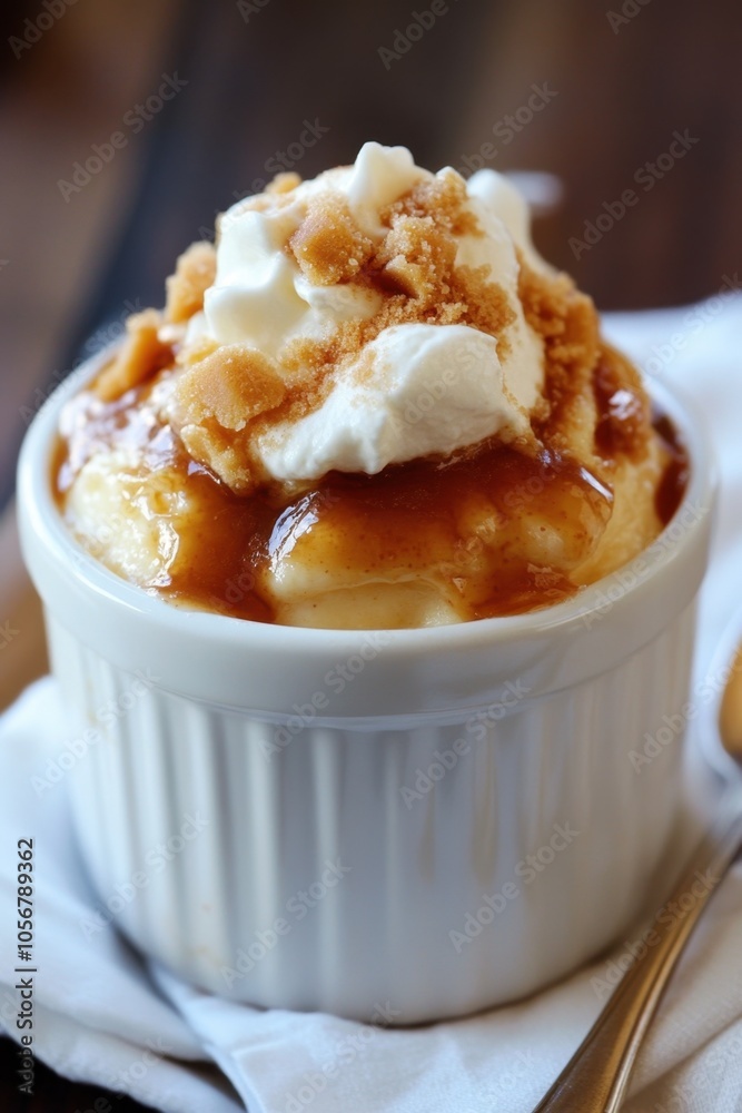 Decadent Caramel Dessert with Whipped Cream in Glass Cups. Butterscotch Pudding Decadent Caramel Dessert with Whipped Cream in Glass Cups. Butterscotch Pudding