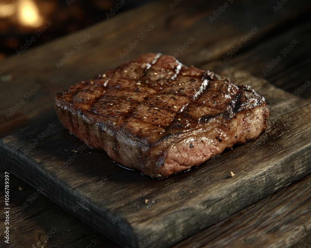 Perfectly Cooked Medium-Rare Steak on Rustic Wooden Board, Pink Center Visible, Garnished with Coarse Salt for a Delicious Culinary Experience