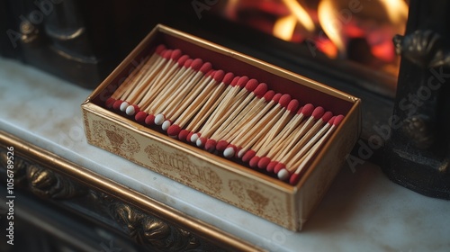 A decorative matchbox filled with matches, placed near a fireplace.