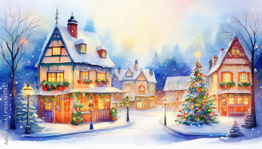 snowy village with old houses, christmas tree and illuminated houses. watercolor style snowy village with old houses, christmas tree and illuminated houses. watercolor style