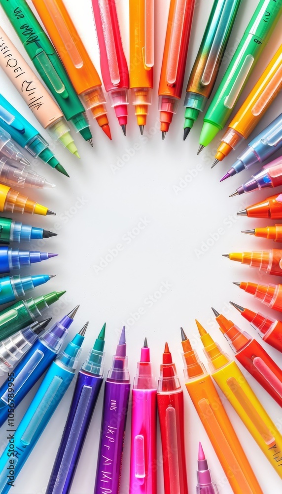 A top view of stationery supplies, including colorful pens and markers arranged a circular pattern A top view of stationery supplies, including colorful pens and markers arranged a circular pattern