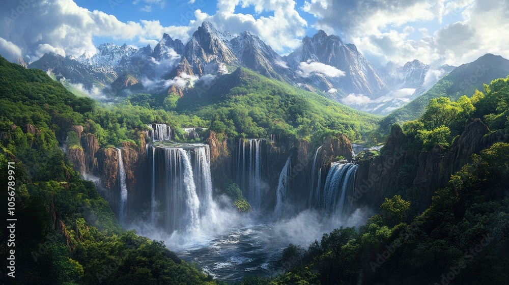 Majestic Waterfalls in a Lush Mountain Valley Majestic Waterfalls in a Lush Mountain Valley
